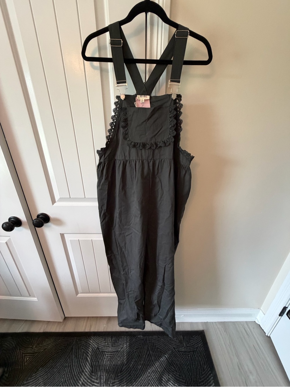 Women's Wide Leg Black Lace-Trim Overalls Jumpsuit